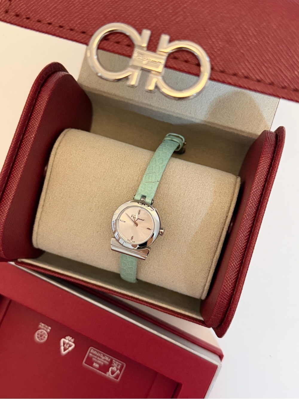Salvatore Ferragamo Mint Green Ganchini 22.5 mm Leather Strap Watch
